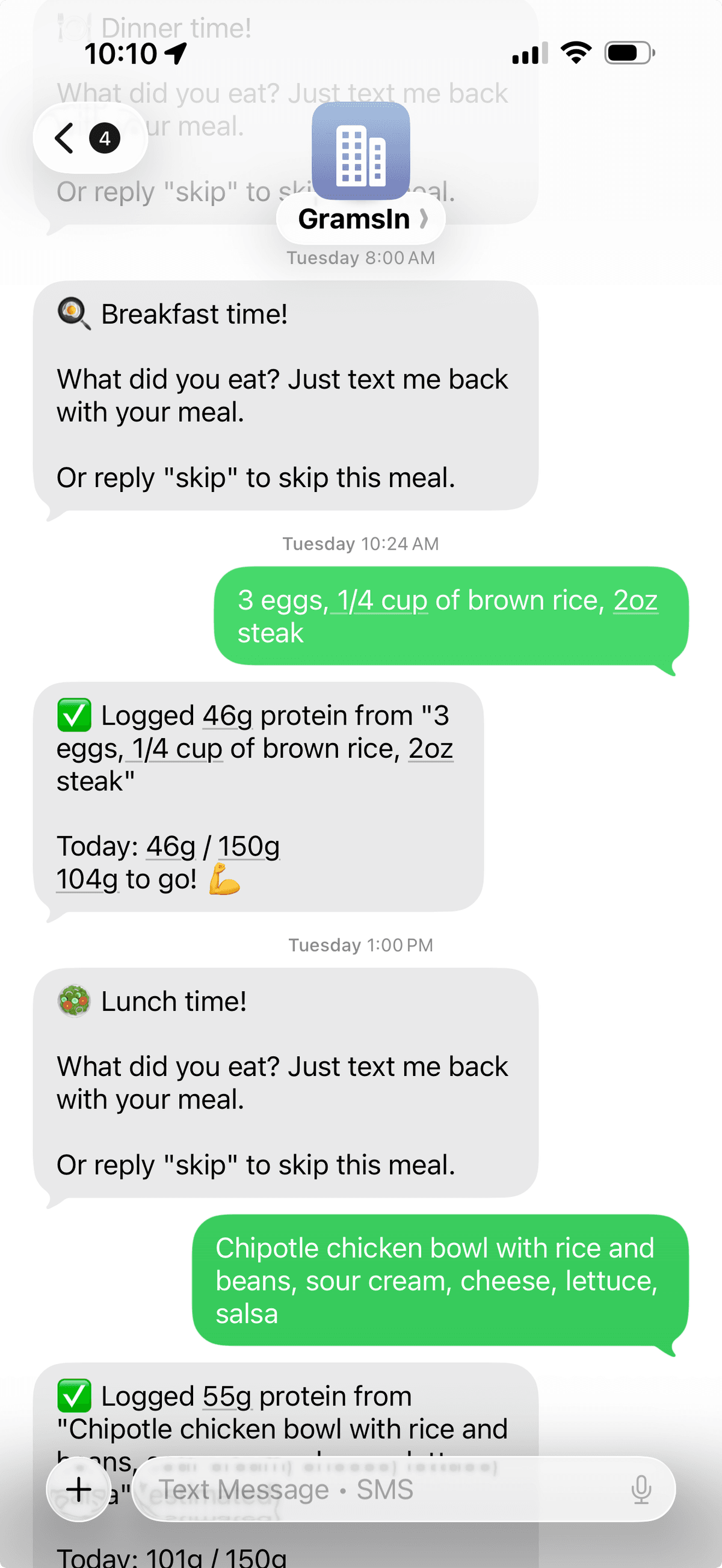 GramsIn SMS protein tracking example